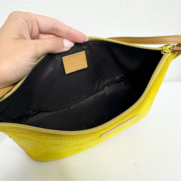 GUCCI Vintage Yellow Suede Shoulder Small Boat Bag Made in Italy Rare 90s Style - Picture 7 of 10